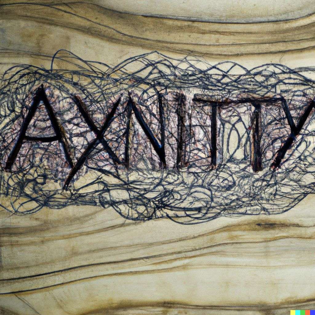 a representation of anxiety, pyrography on a piece of wood